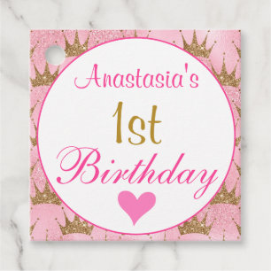 Girly Princess Rosa och Guld Glitter 1:a födelseda Gåvor Etiketter