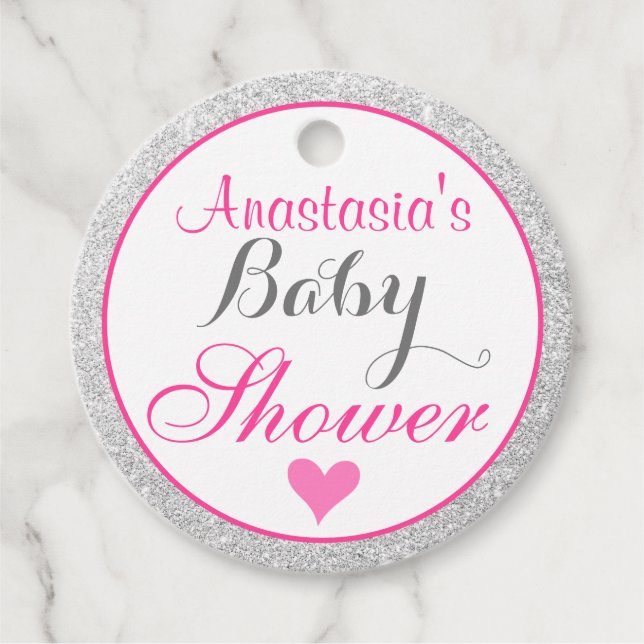 Girly Princess Rosa och Silver Glitter Baby Shower Gåvor Etiketter (Framsida)