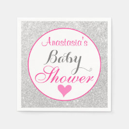 Girly Princess Rosa och Silver Glitter Baby Shower Pappersservett