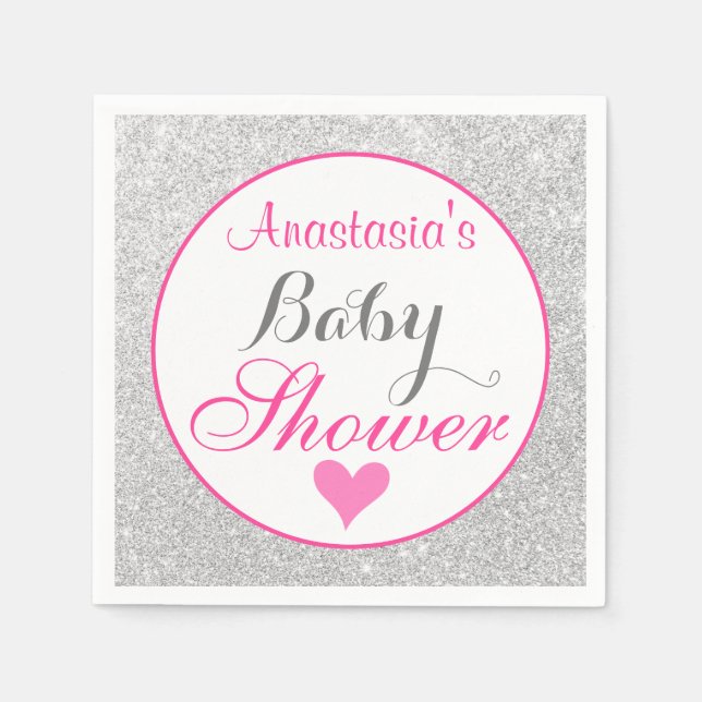 Girly Princess Rosa och Silver Glitter Baby Shower Pappersservett (Framsidan)