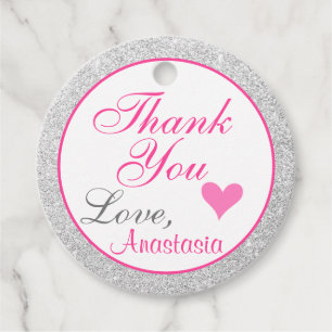 Girly Princess Rosa och Silver Glitter Tack Gåvor Etiketter