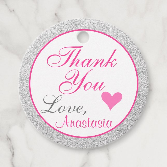 Girly Princess Rosa och Silver Glitter Tack Gåvor Etiketter (Framsida)