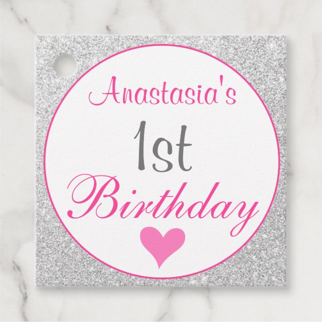 Girly Princess Rosa & Silver Glitter 1:a födelseda Gåvor Etiketter (Framsida)