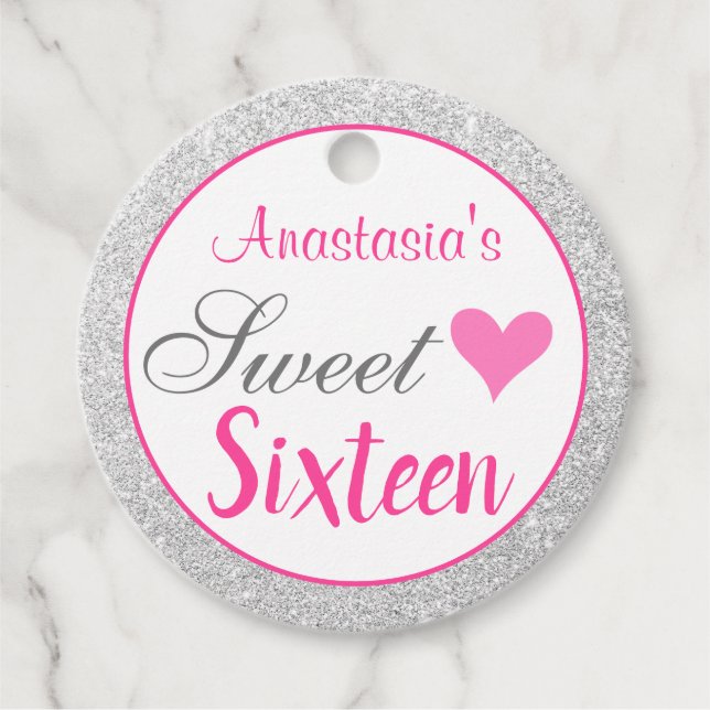 Girly Princess Rosa & Silver Glitter Sweet sixteen Gåvor Etiketter (Framsida)