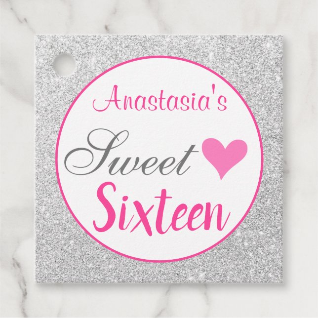 Girly Princess Rosa & Silver Glitter Sweet sixteen Gåvor Etiketter (Framsida)