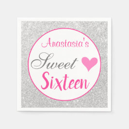 Girly Princess Rosa & Silver Glitter Sweet sixteen Pappersservett