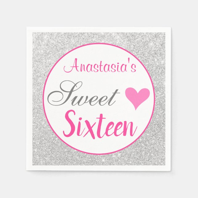 Girly Princess Rosa & Silver Glitter Sweet sixteen Pappersservett (Framsidan)