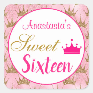 Girly Princess Shock rosa Guld Glitter Sweet sixte Fyrkantigt Klistermärke