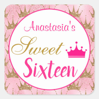 Girly Princess Shock rosa Guld Glitter Sweet sixte Fyrkantigt Klistermärke
