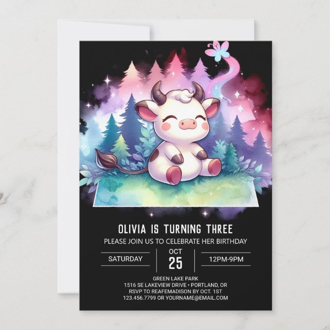 Girly Printable Cow Birthday Inbjudningar (Framsida)