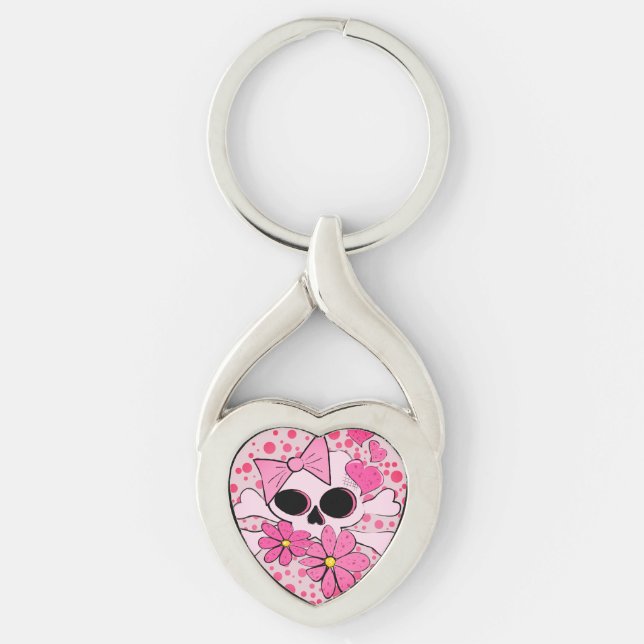 Girly Punk Skull Twisted Heart Silverfärgad Nyckelring (Framsidan)