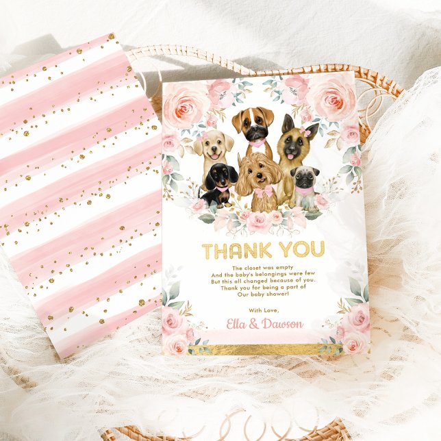 Girly Puppy Baby Shower  Rosa Blommigt Hundar Tack Kort (Skapare uppladdad)