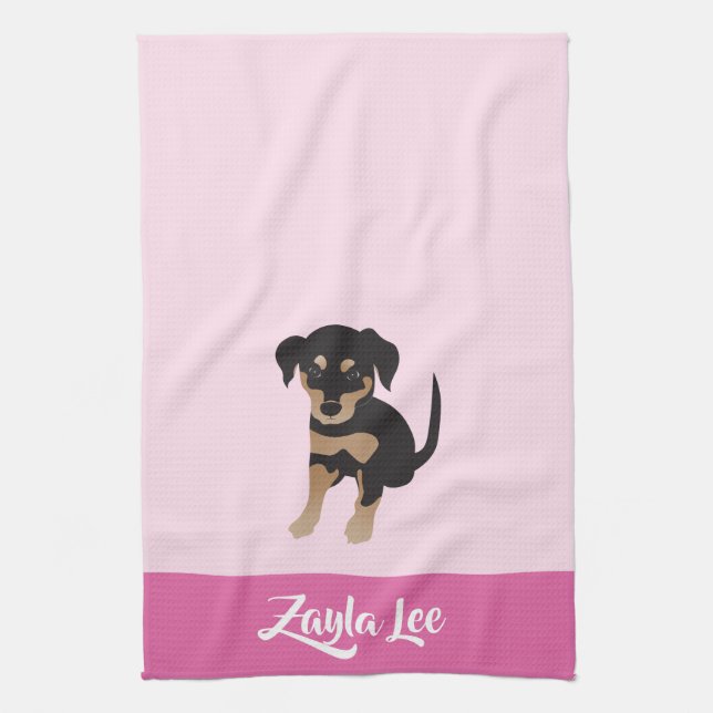 Girly Puppy Personalizable Hund Namn Rosa Kökshandduk (Vertikal)
