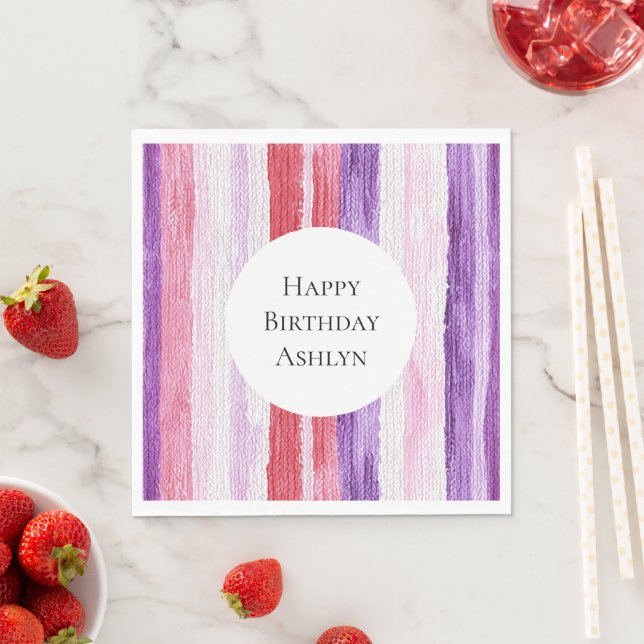 Girly Purple Blush Pink Red Stripes Birthday Pappersservett (Insitu)