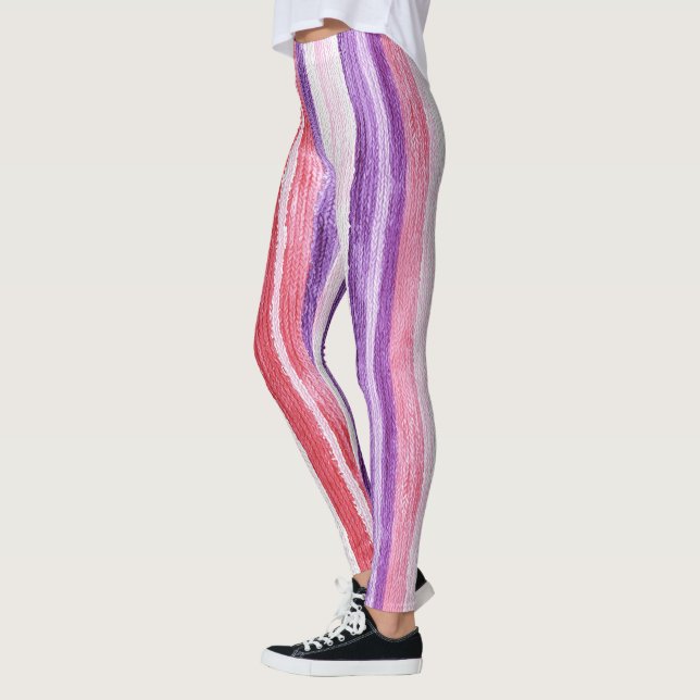 Girly Purple Blush Pink Red Stripes   Leggings (Vänster)