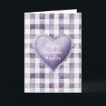 Girly Purple White Plaid Stripes Heart Birthday Kort<br><div class="desc">Girly Purple White Plaid Stripes Heart Birthday</div>