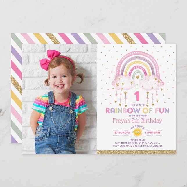 Girly Rainbow Clouds Confetti Rosa Guld Birthday Inbjudningar (Fram/baksida)