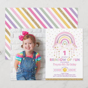 Girly Rainbow Clouds Confetti Rosa Guld Birthday Inbjudningar