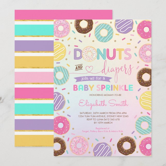 Girly Rainbow Donuts Diaper Baby Sprinkle Shower Inbjudningar (Fram/baksida)