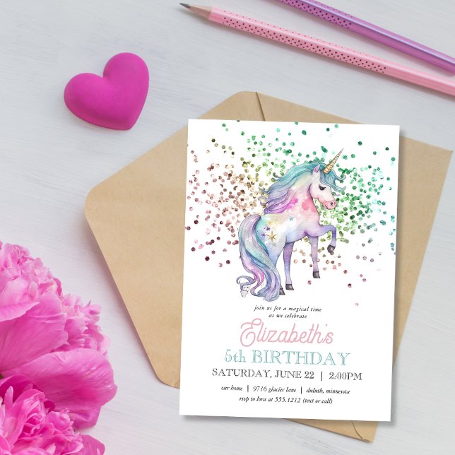 Girly Rainbow Glitter Magic Unicorn Birthday Inbjudningar (Skapare uppladdad)