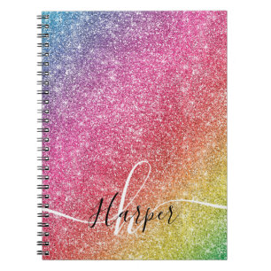 Girly Rainbow Glitter Monogram Namn bärbar dator Anteckningsbok