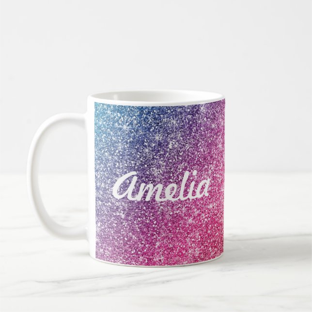 Girly Rainbow Glitter Monogram Namn Kaffemugg (Vänster)