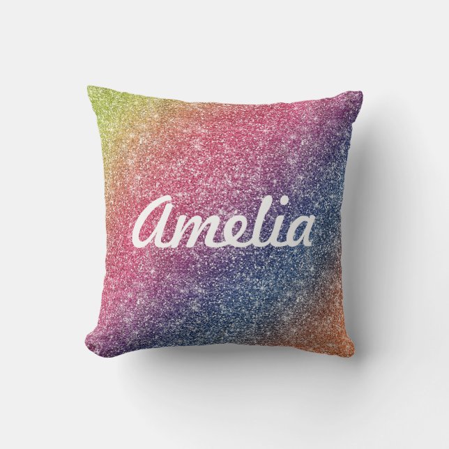 Girly Rainbow Glitter Monogram Namn Throw Cushion Kudde (Framsida)