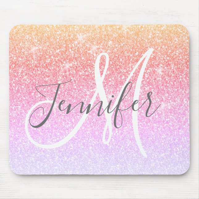 Girly Rainbow Glitter Sparkles Monogram Namn Musmatta (Framsidan)