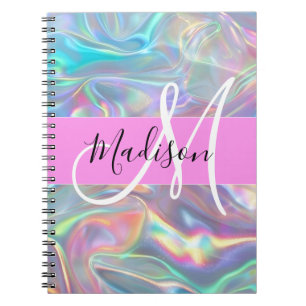 Girly Rainbow Holografik Iridescent Monogram Namn Anteckningsbok