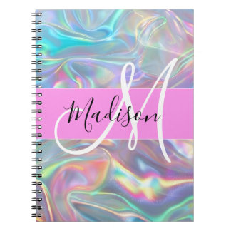 Girly Rainbow Holografik Iridescent Monogram Namn Anteckningsbok