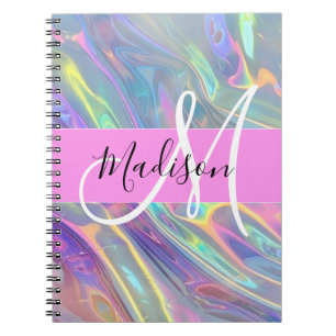 Girly Rainbow Holografik Iridescent Monogram Namn Anteckningsbok