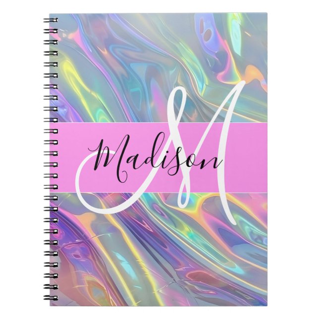Girly Rainbow Holografik Iridescent Monogram Namn Anteckningsbok (Framsidan)