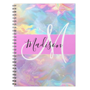 Girly Rainbow Holografik Iridescent Monogram Namn Anteckningsbok