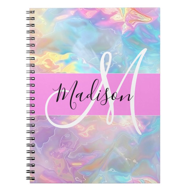 Girly Rainbow Holografik Iridescent Monogram Namn Anteckningsbok (Framsidan)