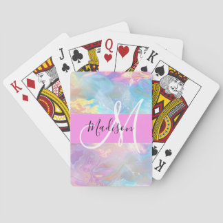 Girly Rainbow Holografik Iridescent Monogram Namn Casinokort