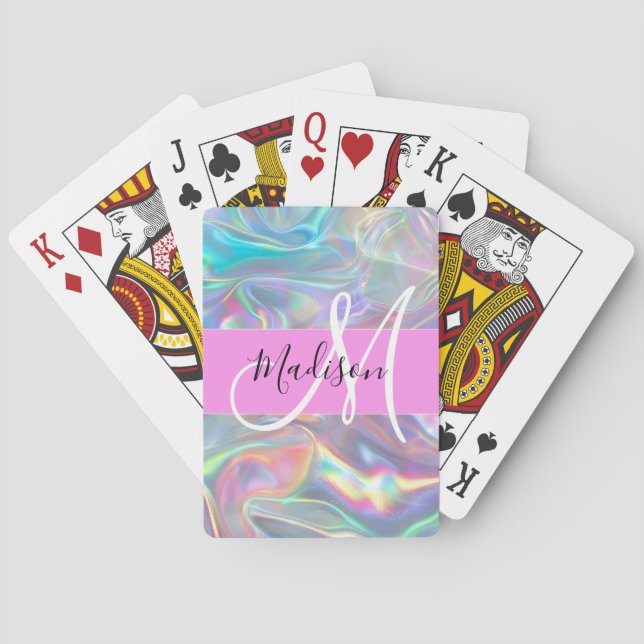 Girly Rainbow Holografik Iridescent Monogram Namn Casinokort (Baksidan)