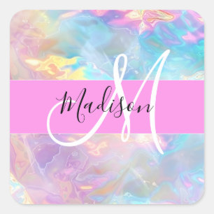 Girly Rainbow Holografik Iridescent Monogram Namn Fyrkantigt Klistermärke