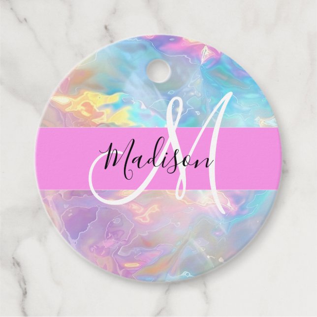 Girly Rainbow Holografik Iridescent Monogram Namn Gåvor Etiketter (Framsida)