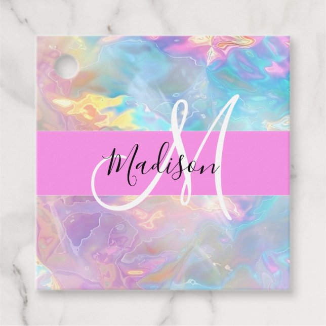 Girly Rainbow Holografik Iridescent Monogram Namn Gåvor Etiketter (Framsida)