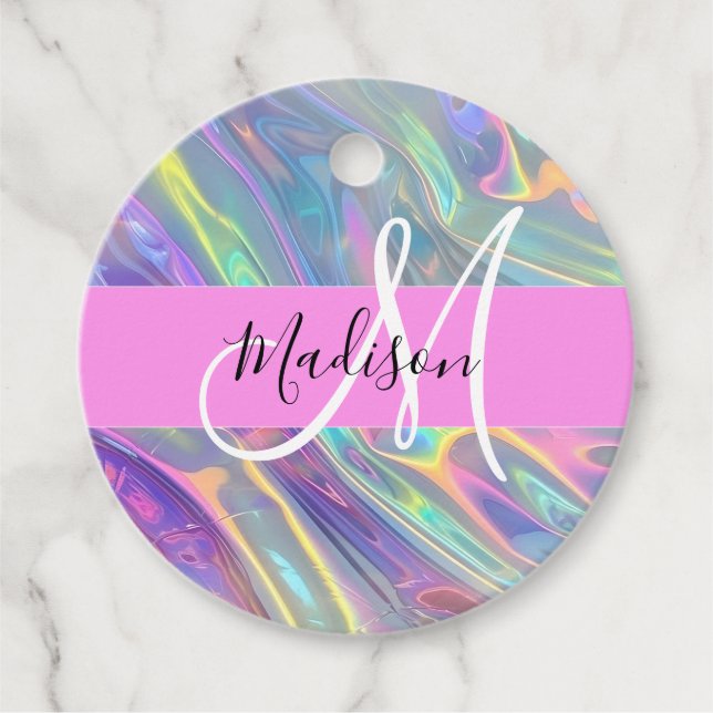 Girly Rainbow Holografik Iridescent Monogram Namn Gåvor Etiketter (Framsida)