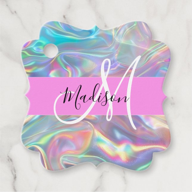 Girly Rainbow Holografik Iridescent Monogram Namn Gåvor Etiketter (Framsida)