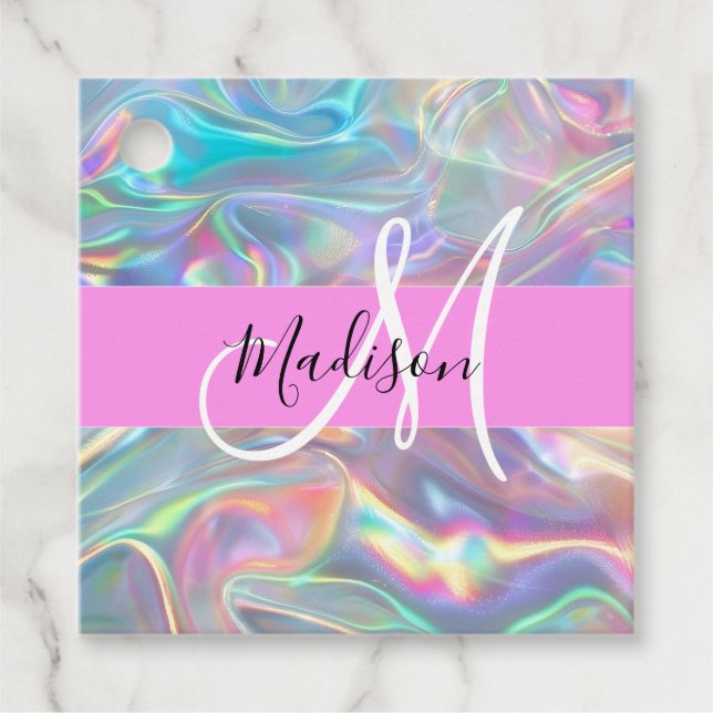 Girly Rainbow Holografik Iridescent Monogram Namn Gåvor Etiketter (Framsida)