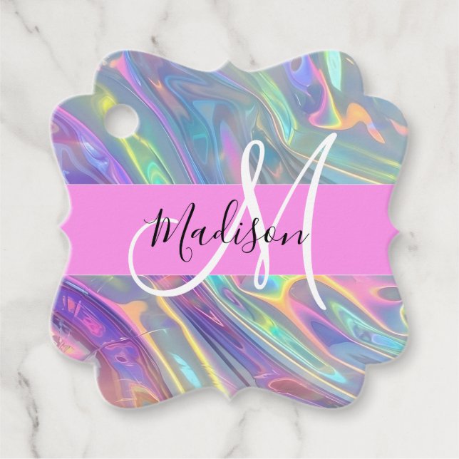 Girly Rainbow Holografik Iridescent Monogram Namn Gåvor Etiketter (Framsida)