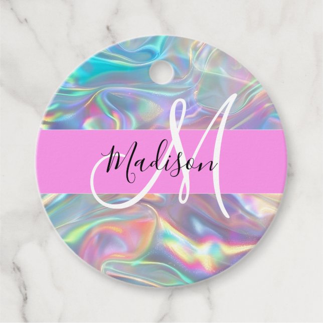 Girly Rainbow Holografik Iridescent Monogram Namn Gåvor Etiketter (Framsida)