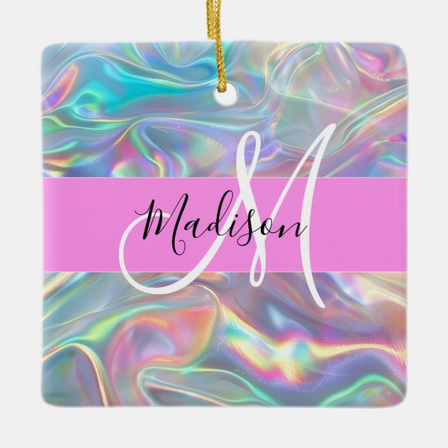 Girly Rainbow Holografik Iridescent Monogram Namn Julgransprydnad Keramik (Framsida)