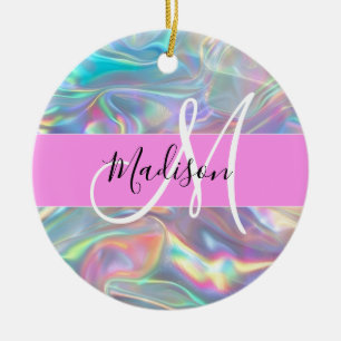 Girly Rainbow Holografik Iridescent Monogram Namn Julgransprydnad Keramik