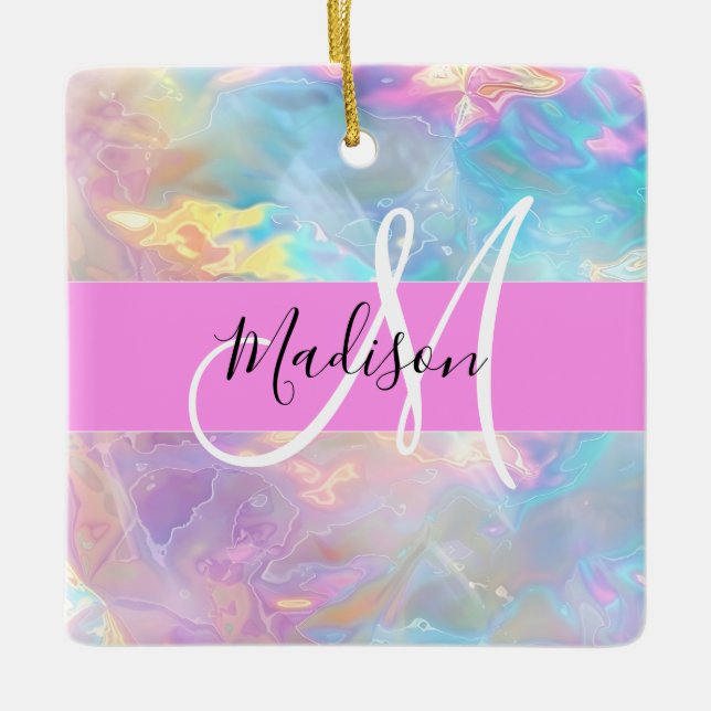 Girly Rainbow Holografik Iridescent Monogram Namn Julgransprydnad Keramik (Framsida)