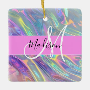 Girly Rainbow Holografik Iridescent Monogram Namn Julgransprydnad Keramik