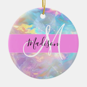 Girly Rainbow Holografik Iridescent Monogram Namn Julgransprydnad Keramik