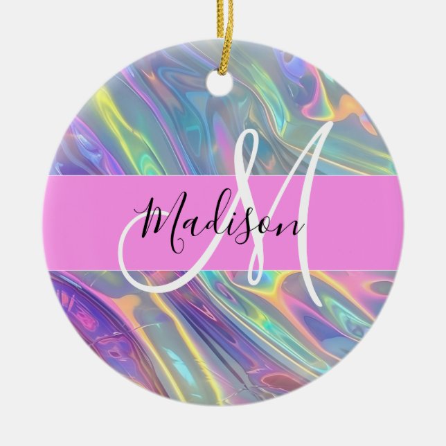 Girly Rainbow Holografik Iridescent Monogram Namn Julgransprydnad Keramik (Framsidan)